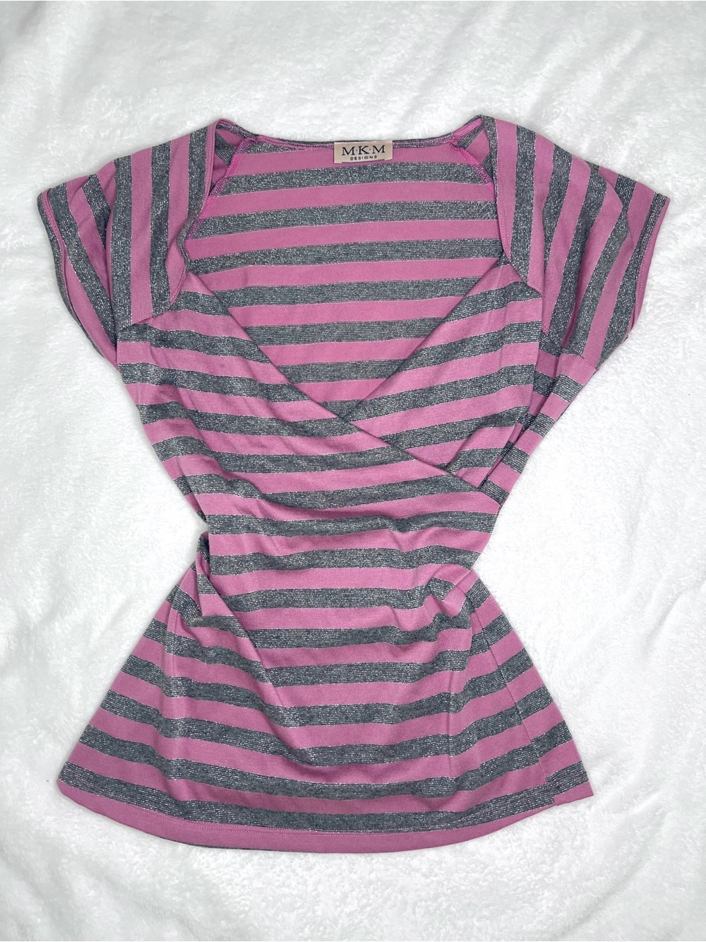 Vintage Y2K MKM Designs Pink & Gray Striped Wrap-Front Women’s Top